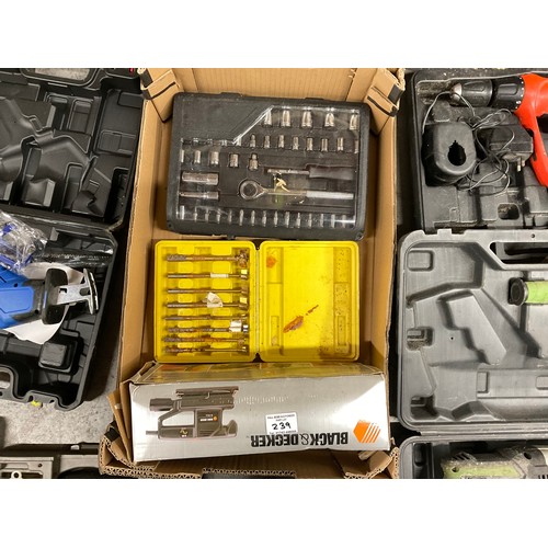 239 - 2 BOXES OF ELECTRIC TOOLS -BATTERY DRILLS,SANDER,SOCKET SETS,TOOL KITS,SNOW CHAINS ETC