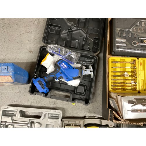 239 - 2 BOXES OF ELECTRIC TOOLS -BATTERY DRILLS,SANDER,SOCKET SETS,TOOL KITS,SNOW CHAINS ETC