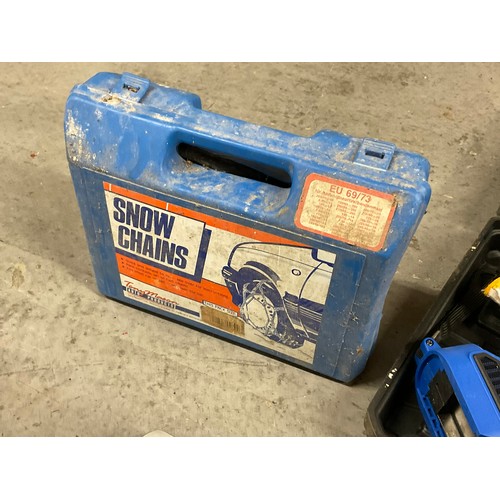 239 - 2 BOXES OF ELECTRIC TOOLS -BATTERY DRILLS,SANDER,SOCKET SETS,TOOL KITS,SNOW CHAINS ETC