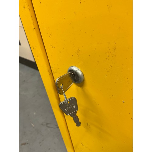 439 - YELLOW PAINTED METAL WORK SHOP CABINET COMPLETE WITH KEY H39
