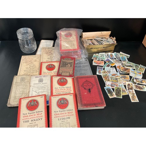 48 - BOX OF VINTAGE ORDANCE SURVEY MAPS CIGARETTE CARDS ETC