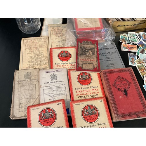 48 - BOX OF VINTAGE ORDANCE SURVEY MAPS CIGARETTE CARDS ETC