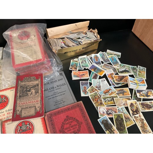 48 - BOX OF VINTAGE ORDANCE SURVEY MAPS CIGARETTE CARDS ETC