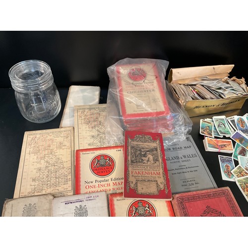 48 - BOX OF VINTAGE ORDANCE SURVEY MAPS CIGARETTE CARDS ETC