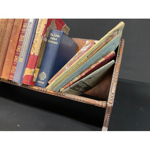 52 - VINTAGE OAK BOOK RACK AND BOOKS - THOMAS HARDY ,DICKENS ETC