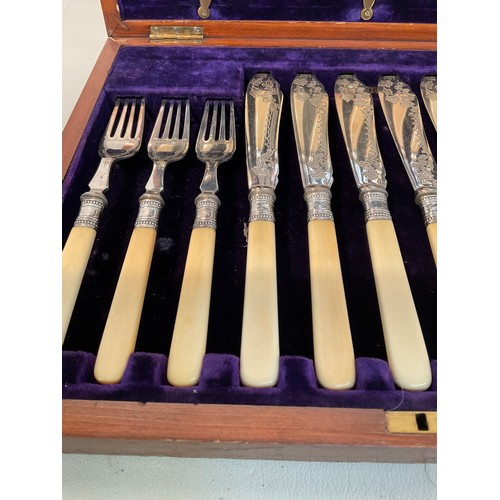 57 - ANTIQUE MAHOGANY CASED SET OF FISH KNIVES AND FORKS