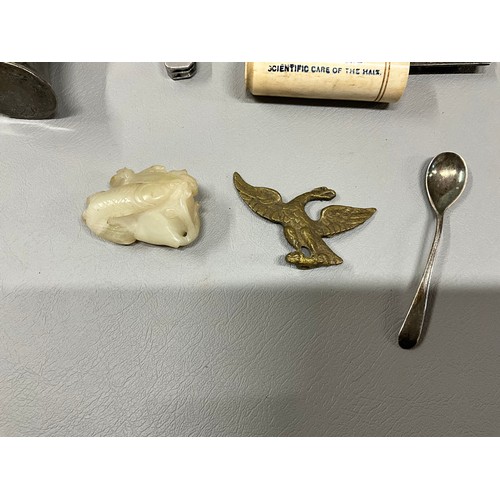 98 - BOX OF VINTAGE COLLECTABLES - GOLF SCORE CARD BELLS CLOCKS HALLMARKED SILVER SHAVING BRUSH ETC