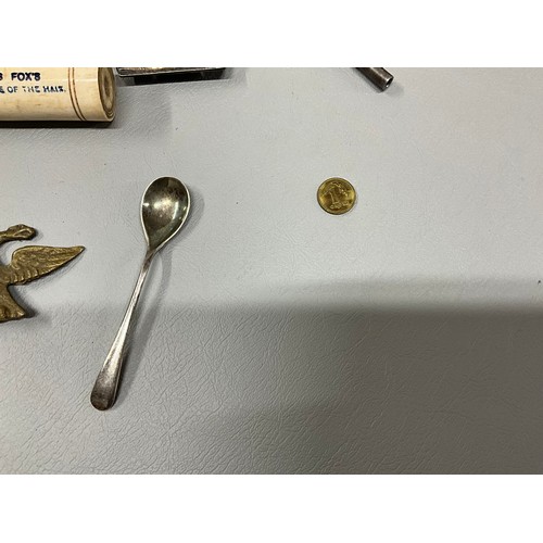 98 - BOX OF VINTAGE COLLECTABLES - GOLF SCORE CARD BELLS CLOCKS HALLMARKED SILVER SHAVING BRUSH ETC