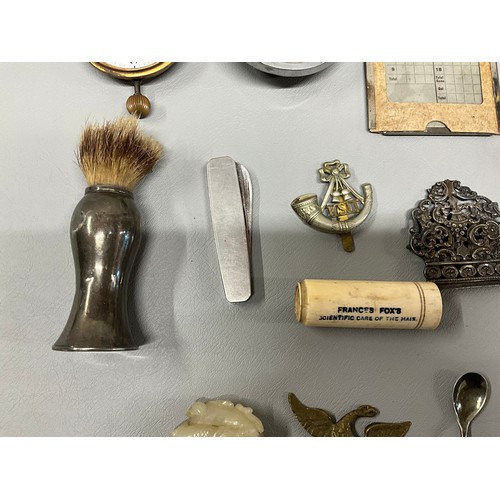 98 - BOX OF VINTAGE COLLECTABLES - GOLF SCORE CARD BELLS CLOCKS HALLMARKED SILVER SHAVING BRUSH ETC