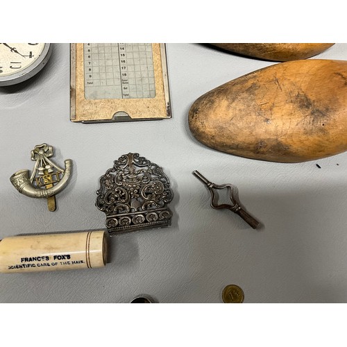 98 - BOX OF VINTAGE COLLECTABLES - GOLF SCORE CARD BELLS CLOCKS HALLMARKED SILVER SHAVING BRUSH ETC