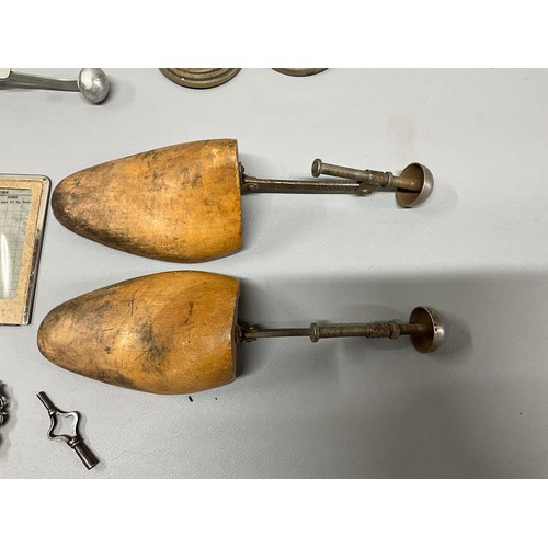 98 - BOX OF VINTAGE COLLECTABLES - GOLF SCORE CARD BELLS CLOCKS HALLMARKED SILVER SHAVING BRUSH ETC