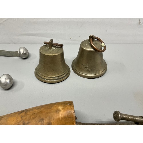 98 - BOX OF VINTAGE COLLECTABLES - GOLF SCORE CARD BELLS CLOCKS HALLMARKED SILVER SHAVING BRUSH ETC