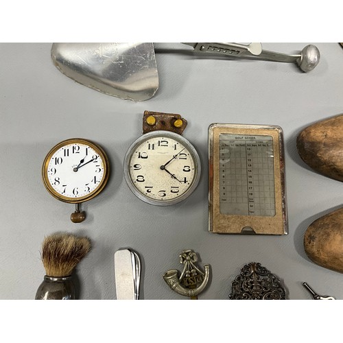 98 - BOX OF VINTAGE COLLECTABLES - GOLF SCORE CARD BELLS CLOCKS HALLMARKED SILVER SHAVING BRUSH ETC