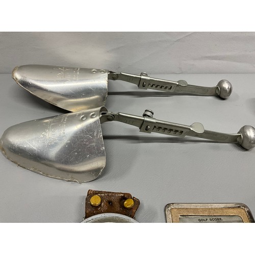 98 - BOX OF VINTAGE COLLECTABLES - GOLF SCORE CARD BELLS CLOCKS HALLMARKED SILVER SHAVING BRUSH ETC