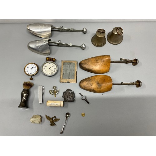 98 - BOX OF VINTAGE COLLECTABLES - GOLF SCORE CARD BELLS CLOCKS HALLMARKED SILVER SHAVING BRUSH ETC