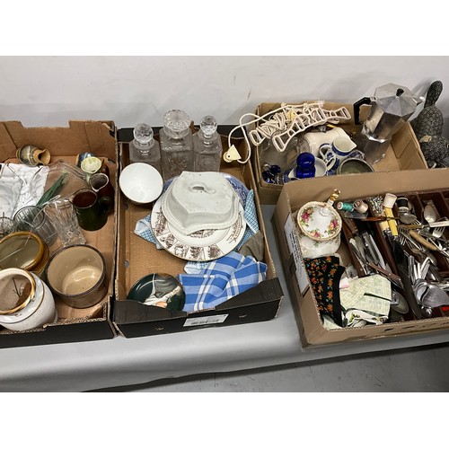 177 - 5 BOXES OF CHINA GLASS CUTLERY AND SEWING BASKET ETC