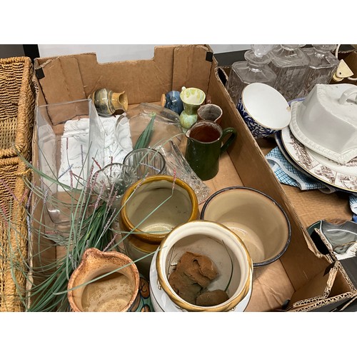 177 - 5 BOXES OF CHINA GLASS CUTLERY AND SEWING BASKET ETC