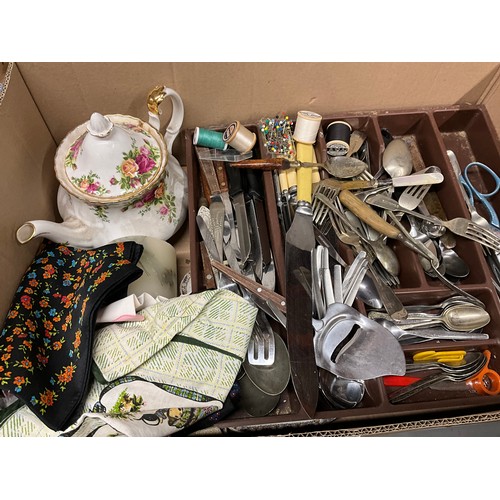 177 - 5 BOXES OF CHINA GLASS CUTLERY AND SEWING BASKET ETC