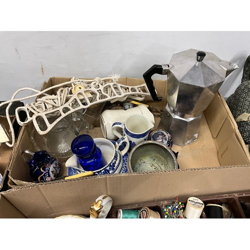 177 - 5 BOXES OF CHINA GLASS CUTLERY AND SEWING BASKET ETC