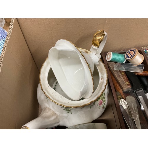 177 - 5 BOXES OF CHINA GLASS CUTLERY AND SEWING BASKET ETC