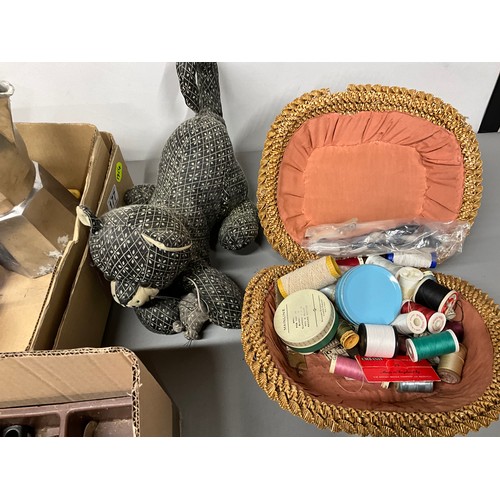 177 - 5 BOXES OF CHINA GLASS CUTLERY AND SEWING BASKET ETC