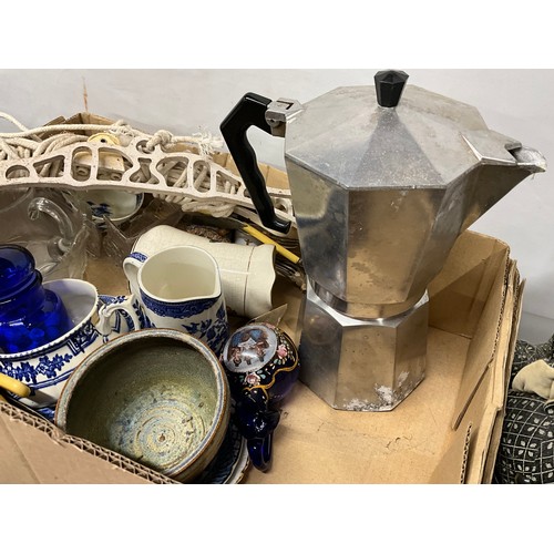 177 - 5 BOXES OF CHINA GLASS CUTLERY AND SEWING BASKET ETC