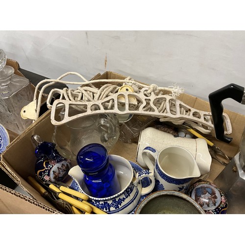 177 - 5 BOXES OF CHINA GLASS CUTLERY AND SEWING BASKET ETC