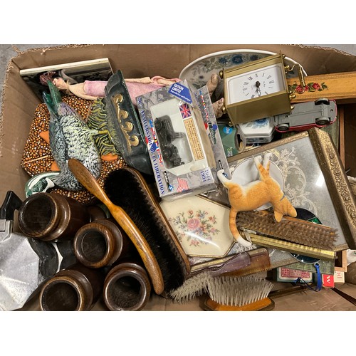 177 - 5 BOXES OF CHINA GLASS CUTLERY AND SEWING BASKET ETC