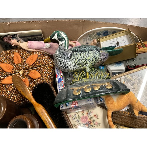 177 - 5 BOXES OF CHINA GLASS CUTLERY AND SEWING BASKET ETC