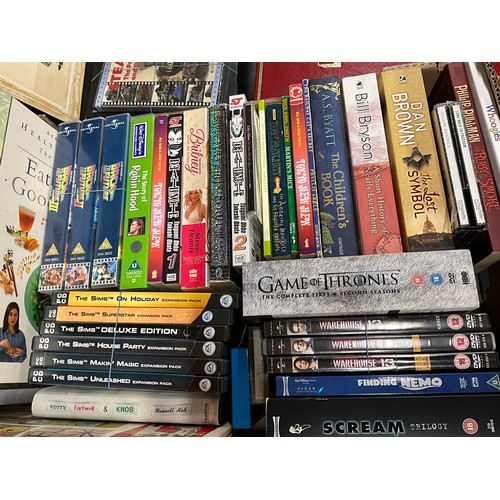 178 - BOX AND CRATE OF BOOKS DVDS HOLY BIBLE ETC