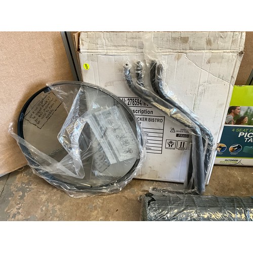 258 - BOXED PATIO TABLE, FOLDING PICNIC TABLE AND ROLL OF GARDEN FENCING