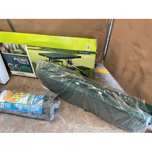 258 - BOXED PATIO TABLE, FOLDING PICNIC TABLE AND ROLL OF GARDEN FENCING