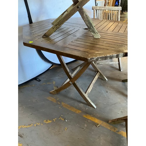 338 - TEAK OCTAGNOL GARDEN TABLE WITH 4 MATCHING CHAIRS A/F H30