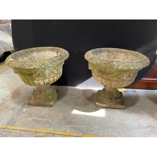 227 - PAIR OF LARGE WEATHERED CONCRETE GARDEN PEDASTEL URNS WITH LION MASK DECORATION H24