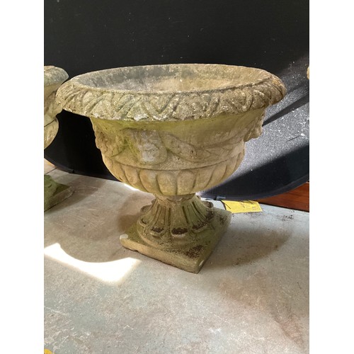 227 - PAIR OF LARGE WEATHERED CONCRETE GARDEN PEDASTEL URNS WITH LION MASK DECORATION H24