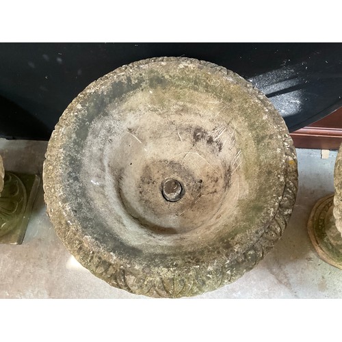 227 - PAIR OF LARGE WEATHERED CONCRETE GARDEN PEDASTEL URNS WITH LION MASK DECORATION H24