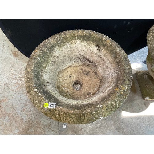 227 - PAIR OF LARGE WEATHERED CONCRETE GARDEN PEDASTEL URNS WITH LION MASK DECORATION H24