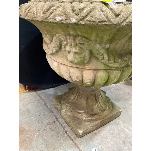 227 - PAIR OF LARGE WEATHERED CONCRETE GARDEN PEDASTEL URNS WITH LION MASK DECORATION H24