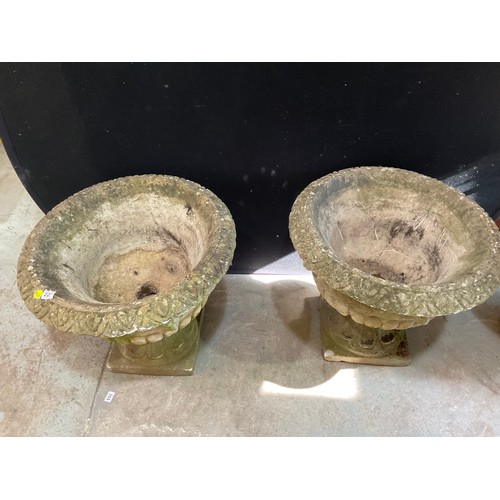 227 - PAIR OF LARGE WEATHERED CONCRETE GARDEN PEDASTEL URNS WITH LION MASK DECORATION H24