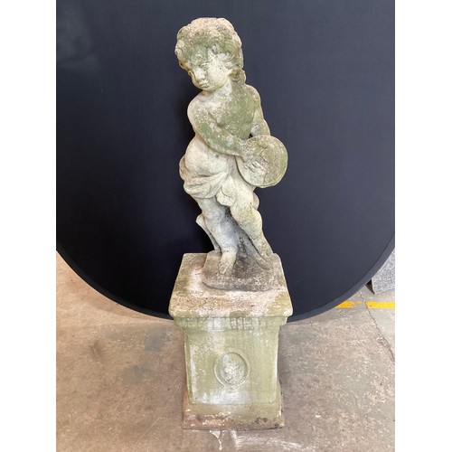 228 - VINTAGE WEATHERED CONCRETE GARDEN CHERUB ON PLINTH H44