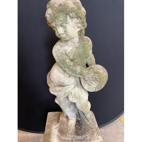 228 - VINTAGE WEATHERED CONCRETE GARDEN CHERUB ON PLINTH H44