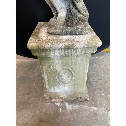 228 - VINTAGE WEATHERED CONCRETE GARDEN CHERUB ON PLINTH H44