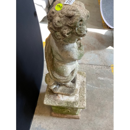 228 - VINTAGE WEATHERED CONCRETE GARDEN CHERUB ON PLINTH H44