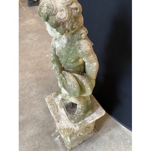 228 - VINTAGE WEATHERED CONCRETE GARDEN CHERUB ON PLINTH H44