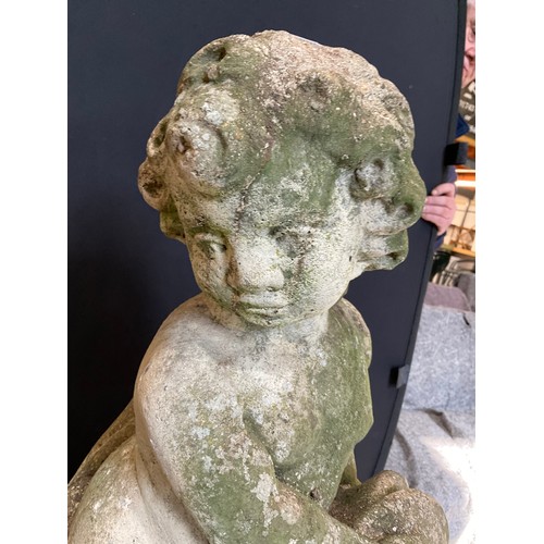 228 - VINTAGE WEATHERED CONCRETE GARDEN CHERUB ON PLINTH H44