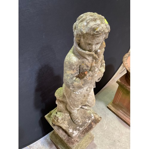 239 - VINTAGE WEATHERED CONCRETE FOUR SEASONS GARDEN STATUE ON PLINTH H48