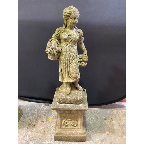 240 - VINTAGE WEATHERED CONCRETE FOUR SEASONS GARDEN STATUE ON PLINTH H48