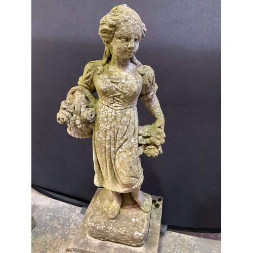 240 - VINTAGE WEATHERED CONCRETE FOUR SEASONS GARDEN STATUE ON PLINTH H48