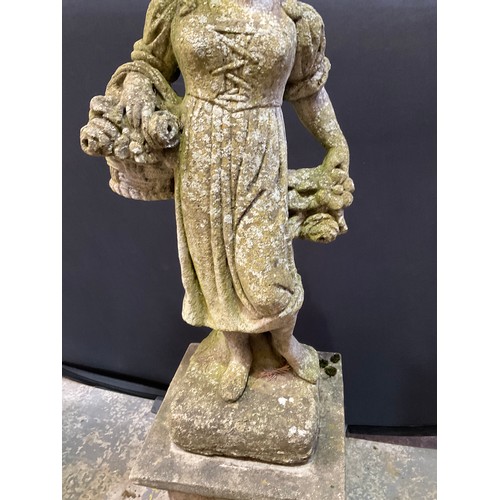 240 - VINTAGE WEATHERED CONCRETE FOUR SEASONS GARDEN STATUE ON PLINTH H48