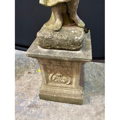 240 - VINTAGE WEATHERED CONCRETE FOUR SEASONS GARDEN STATUE ON PLINTH H48